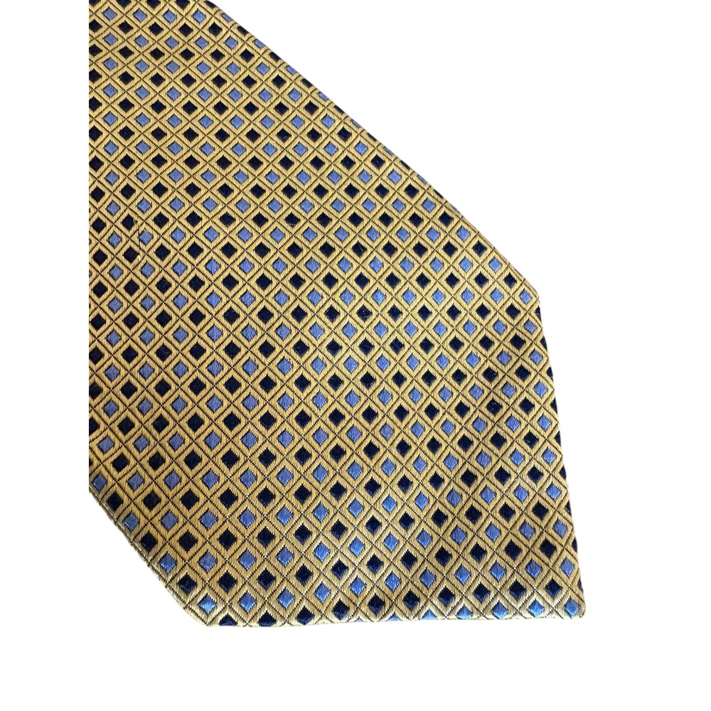 Corporate Image for Tom James 100% Silk Tie Gold Blue‎ Geometric Diamond Pattern